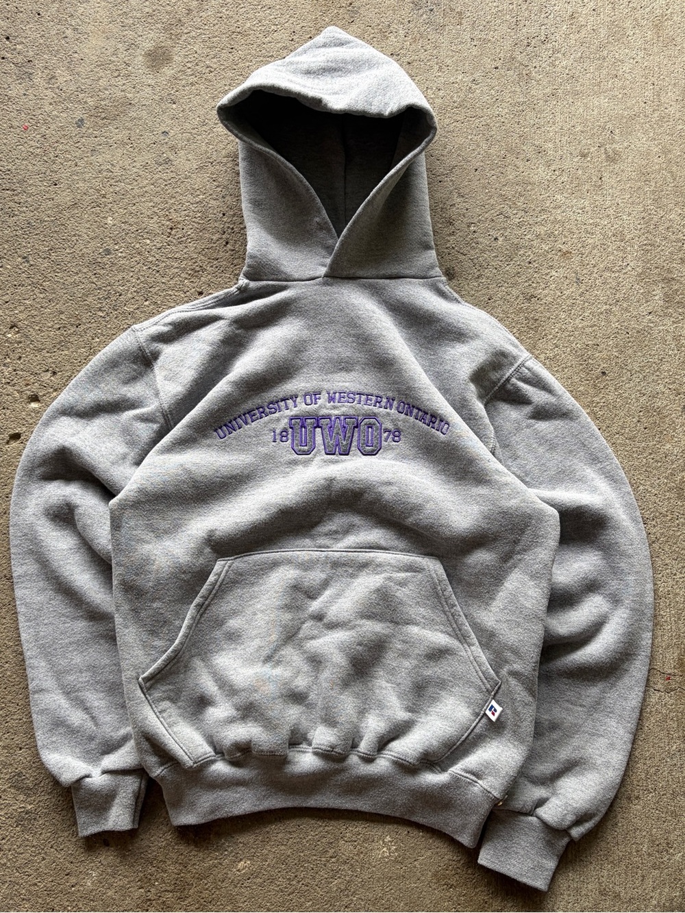 Vintage 90s Russell Athletic Western University Grey Hoodie w/ Purple Embroidery
